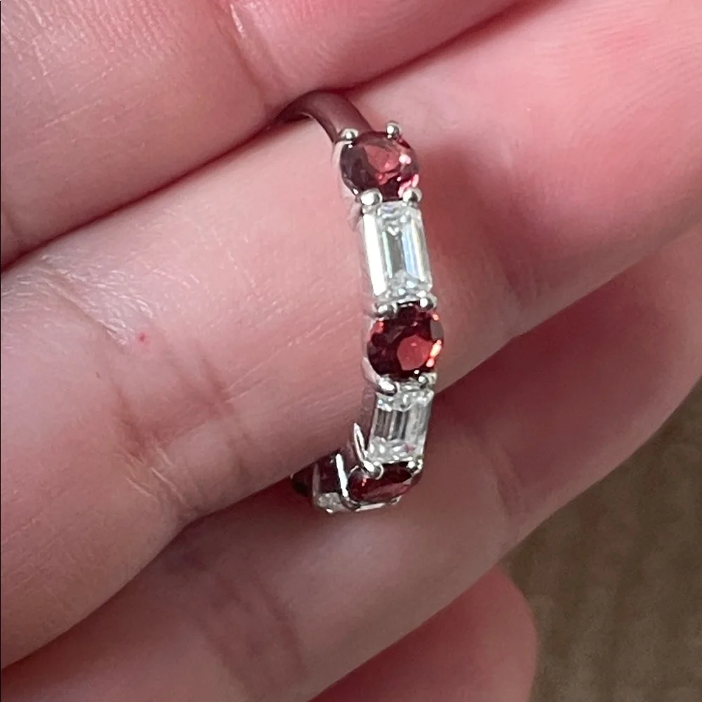 Natural Garnet & Moissanite Half Eternity Ring in 925 Sterling Silver Size 8